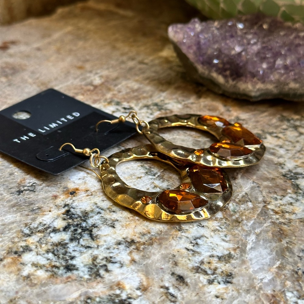 Gold Hammered Brown Gemstone Earrings - Picture 3 of 6